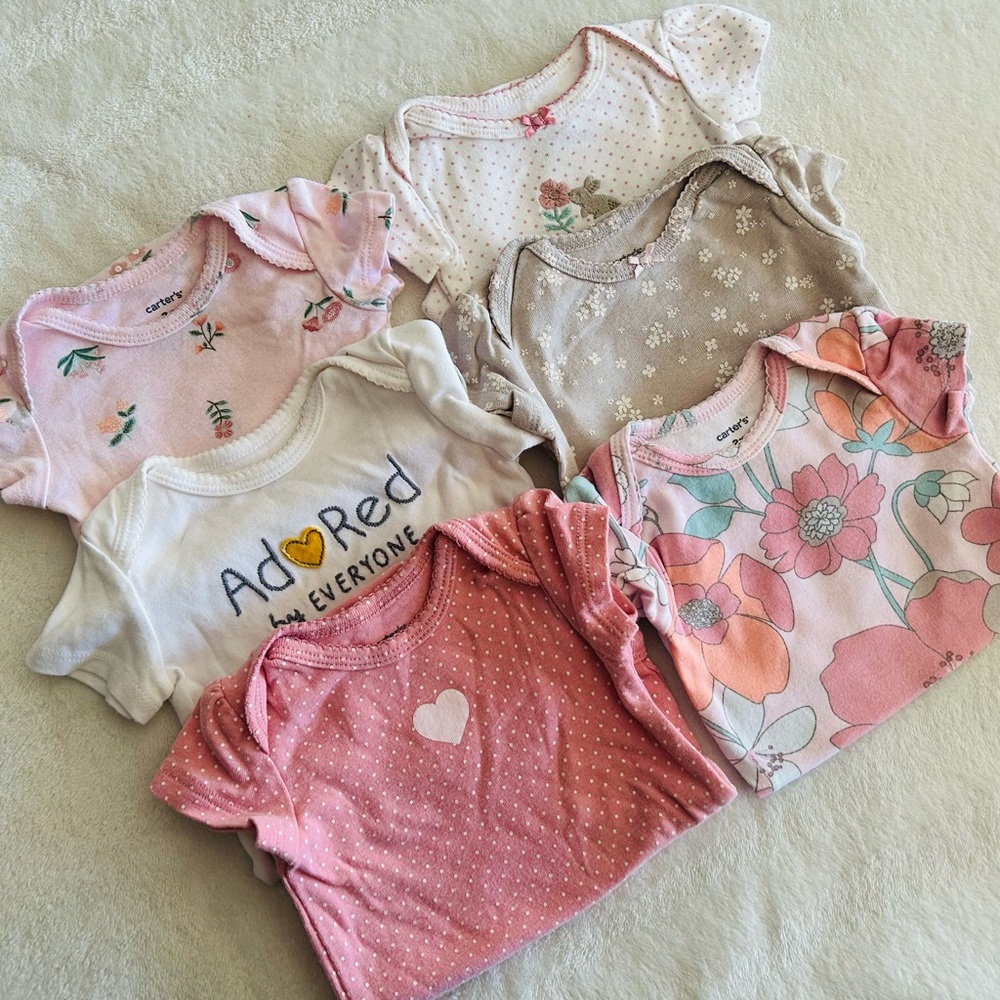 Carters Set of 6 Baby Onesies in Pink and White